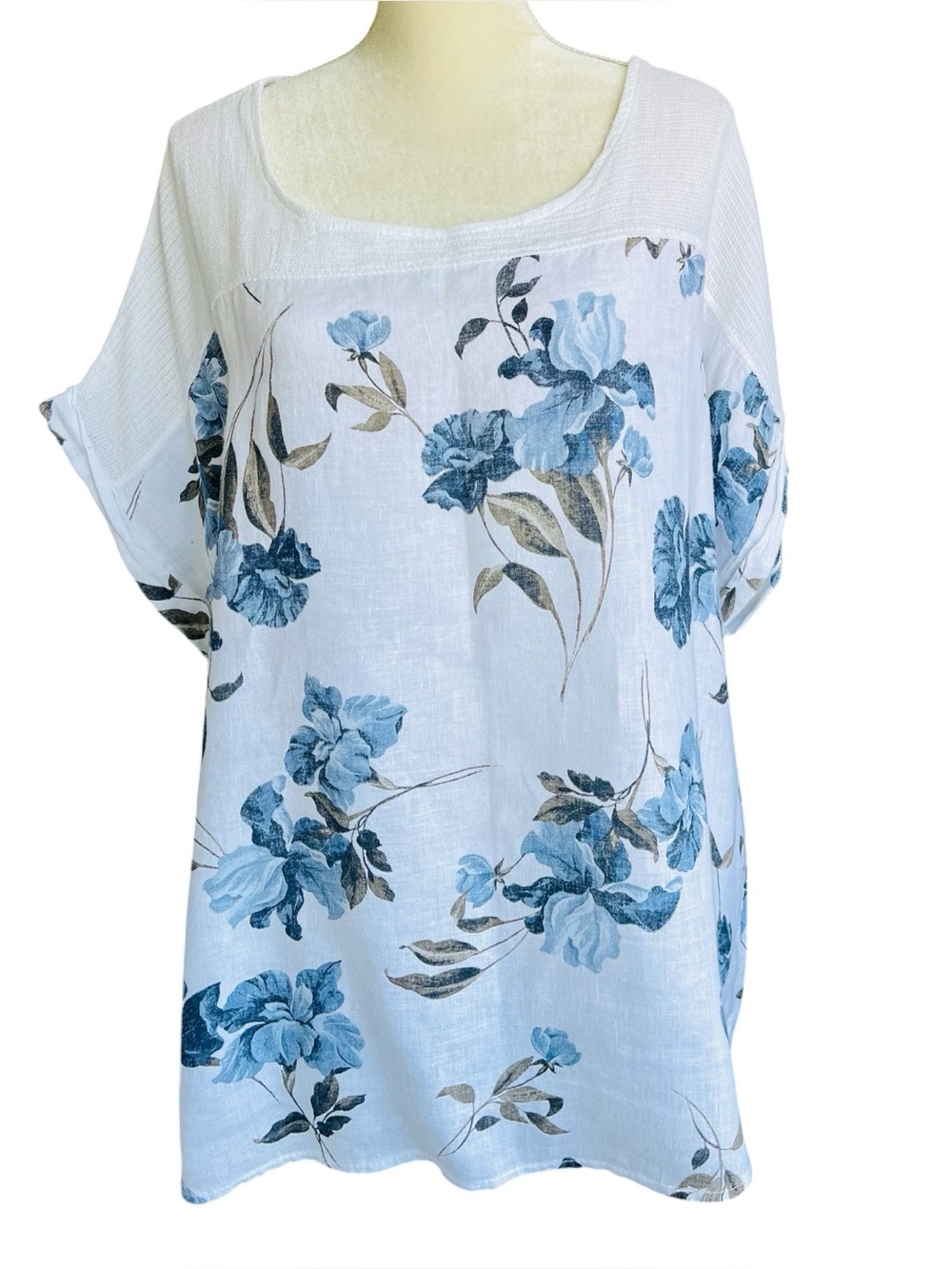 Lungo L’Ajno Linen Tunic Top 3X Blue Floral White Resort Beach Cover Up